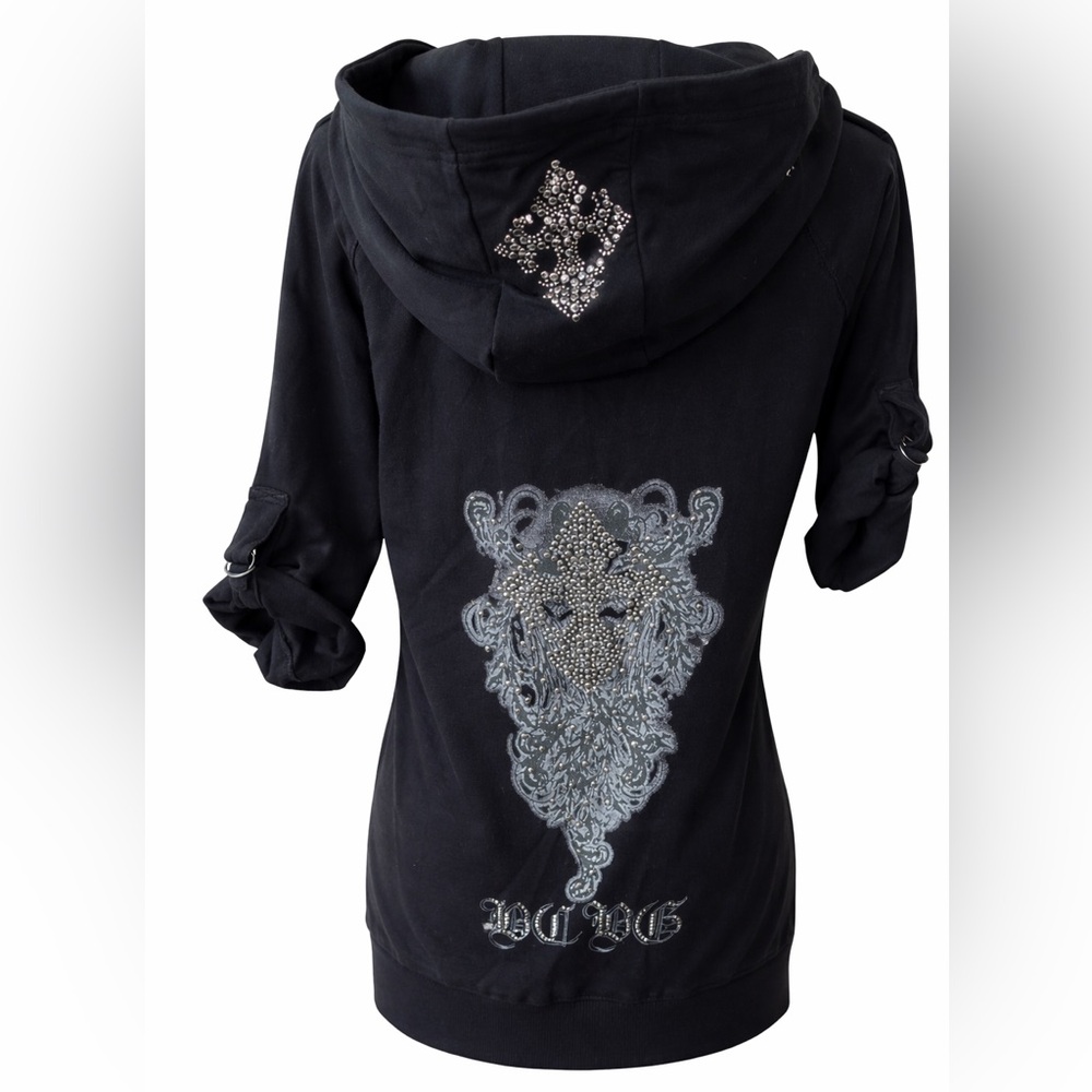 BCBGMAXAZRIA Rhinestone Hoodie Zip Jacket Black XL NWT Gothic Logo